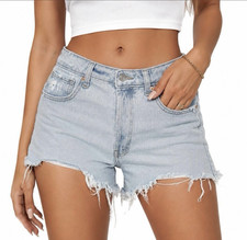 Women's Light Wash Blue Denim High Rise Cut Off Shorts Button 5-Pocket Size 12