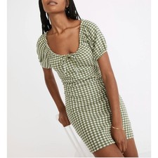 Madewell Jacquard Puff-Sleeve Mini Dress in Green Gingham Check XS