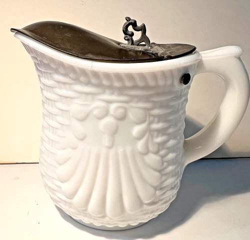 Antique Milk Glass syrup Pitcher; 4 3/4"; Basket Weave  (171)