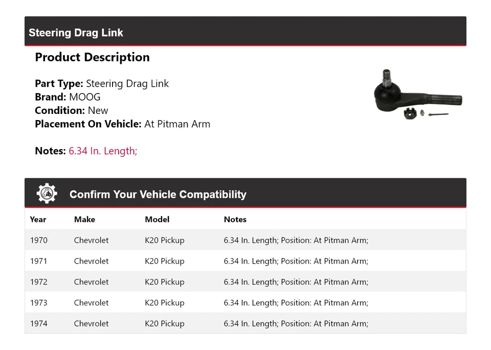 For 1970-1974 Chevrolet K20 Pickup Steering Drag Link At Pitman Arm MOOG 1970 - Image 2 of 4