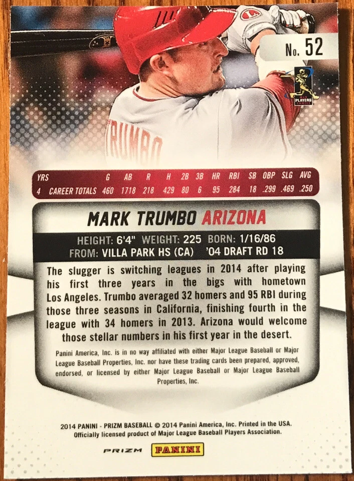 Panini Prizm Prizms 2014 rojo blanco y azul Pulsar Mark Trumbo #52 Foto 2 de 2
