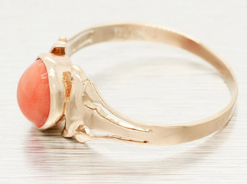 Antiguo anillo solitario coral piel de ángel Art Nouveau - oro amarillo de 14 k talla 8,75 Foto 2 de 4