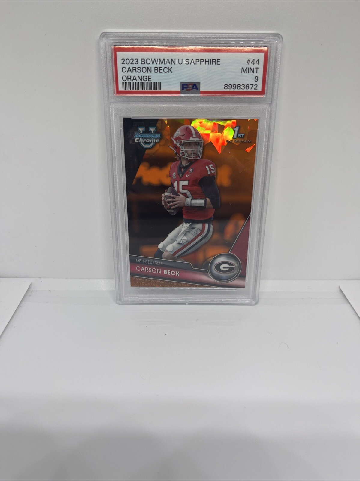 2023 Bowman Chrome University Carson Beck Orange Sapphire Refractor /25 PSA 9