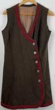 Vintage 1960s Pinafore Dress Brown Wool Red Piping Sleeveless Button Up