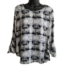 Le Lis Womens Small Black White Plaid Blouse Made in USA Roll Tab Sleeve Flowy