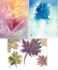 Aceo "THREE MIXED" sztuka akwarelowa śpiewany i datowany kwiat, liście, niebieskie drzewo