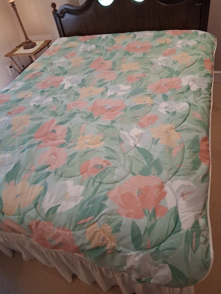 Vintage 80's USA SPRINGMAID Comforter PINK GREEN YELLOW Huge Florals Twin EUC - Image 2 of 4
