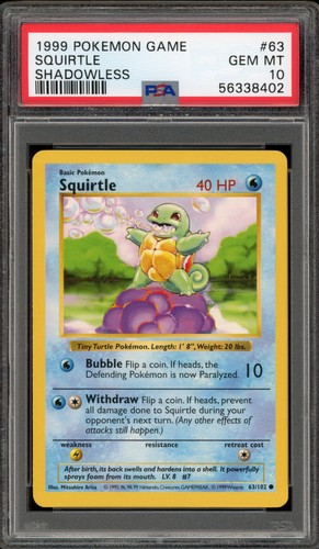Pokemon Squirtle Base Set Shadowless #63 PSA 10 Gem Mint