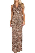 NWT Morgan & Co Long Sequin Halter Gown W/Satin Ribbon Tie - Size 15 - Mocha