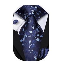 Mens Paisley Striped Tie and Handkerchief Cufflinks Tie Set for Men Navy Blues