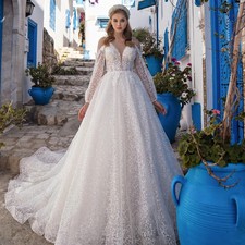 A-Line Wedding Dresses Long Sleeve Lace Appliques Sequins Beading Bridal Gowns