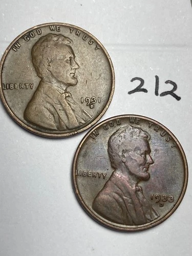 1931-D & 1933-D LINCOLN WHEAT CENT SET, 2 coins, low mintage dates "fine" #212