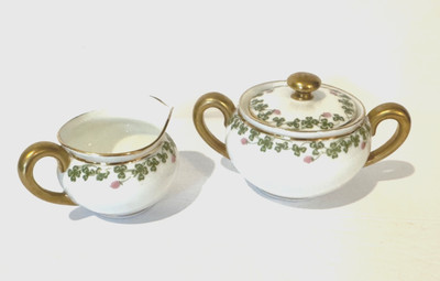 Antique Limoges France Cream & Sugar Set   Hand-Painted Garland & Gold Trim   D
