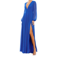 NEW Mac Duggal Royal Blue V-Neck Illusion Long Sleeve Chiffon Gown 20