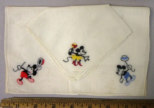 1930's boxed set of 3 MICKEY MOUSE embroidered handkerchiefs Walt Disney  wb