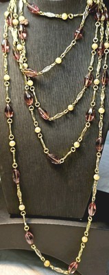 Miriam Haskell Engraved Glass Bead & Pearl Chain Link Bar Necklace 43''