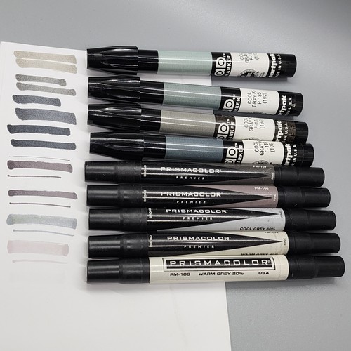 Lot of x4 CHARTPAK AD Markers Cool Gray 3 5 7 9 & x5 PRISMACOLOR GREY 20% - 90%
