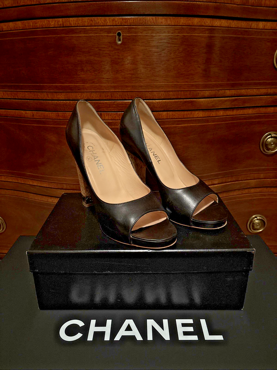 Chanel Black Leather CC Logo Silver Chain Peep Toe Cork Heel Pumps