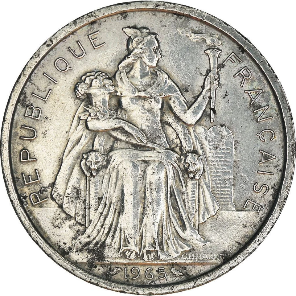 French Polynesia 5 Francs Coin | Liberty Sitting | Throne | Sailboat | 1965 - Image 4 of 4