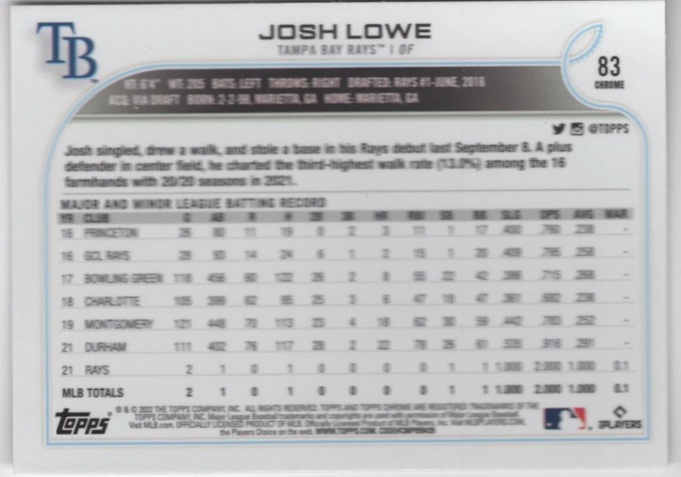 2022 Topps Chrome ROOKIE Josh Lowe Rookie Tampa Bay Rays #83 R103 - Image 2 of 2