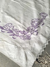 Pair Vintage White Cotton Euro Shams w Purple Embroidery Flowers