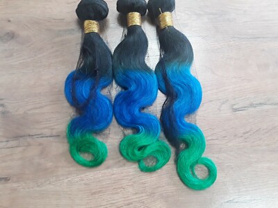 3KONVOLUT ECHTE PERUANISCHE OMBRE KÖRPERWELLENHAAR 3TONE 1b/BLAU/GRÜN 300g 16+18+20INCH