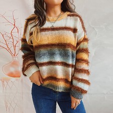 Women Striped Colour Block Sweater Tops Ladies Winter Warm Baggy Pullover Jumper