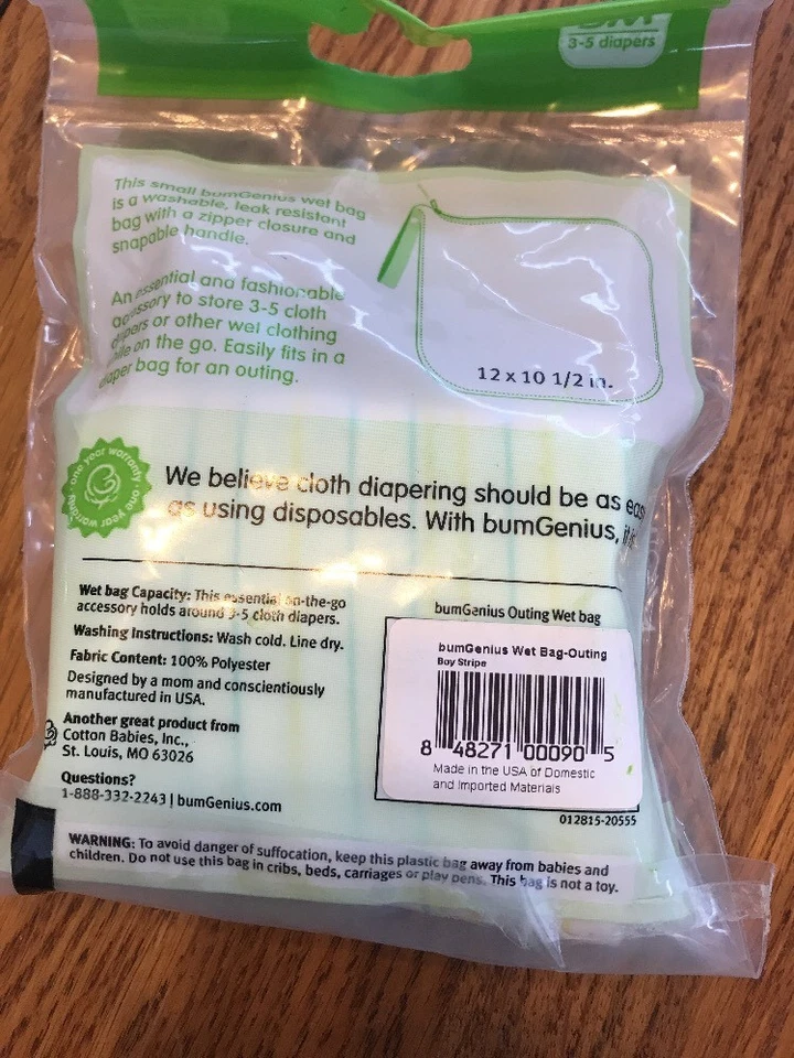 bumGenius 1 Cloth Diaper Wet Bag Small Blue Green Boy Stripe New Ships N 24h - Image 2 of 3