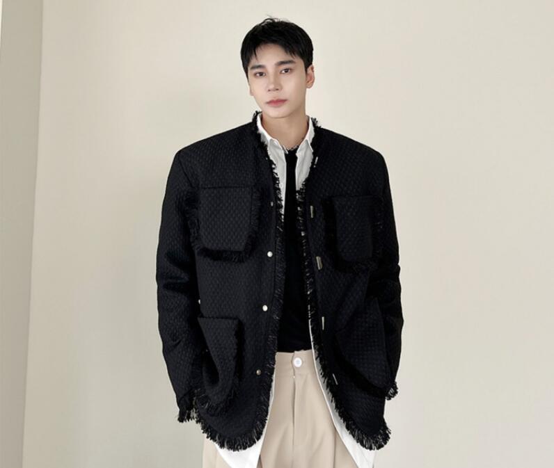 Men's Fashion Spring Long Sleeve Metal Button Fringe Tweed Jacket Casual  Coats