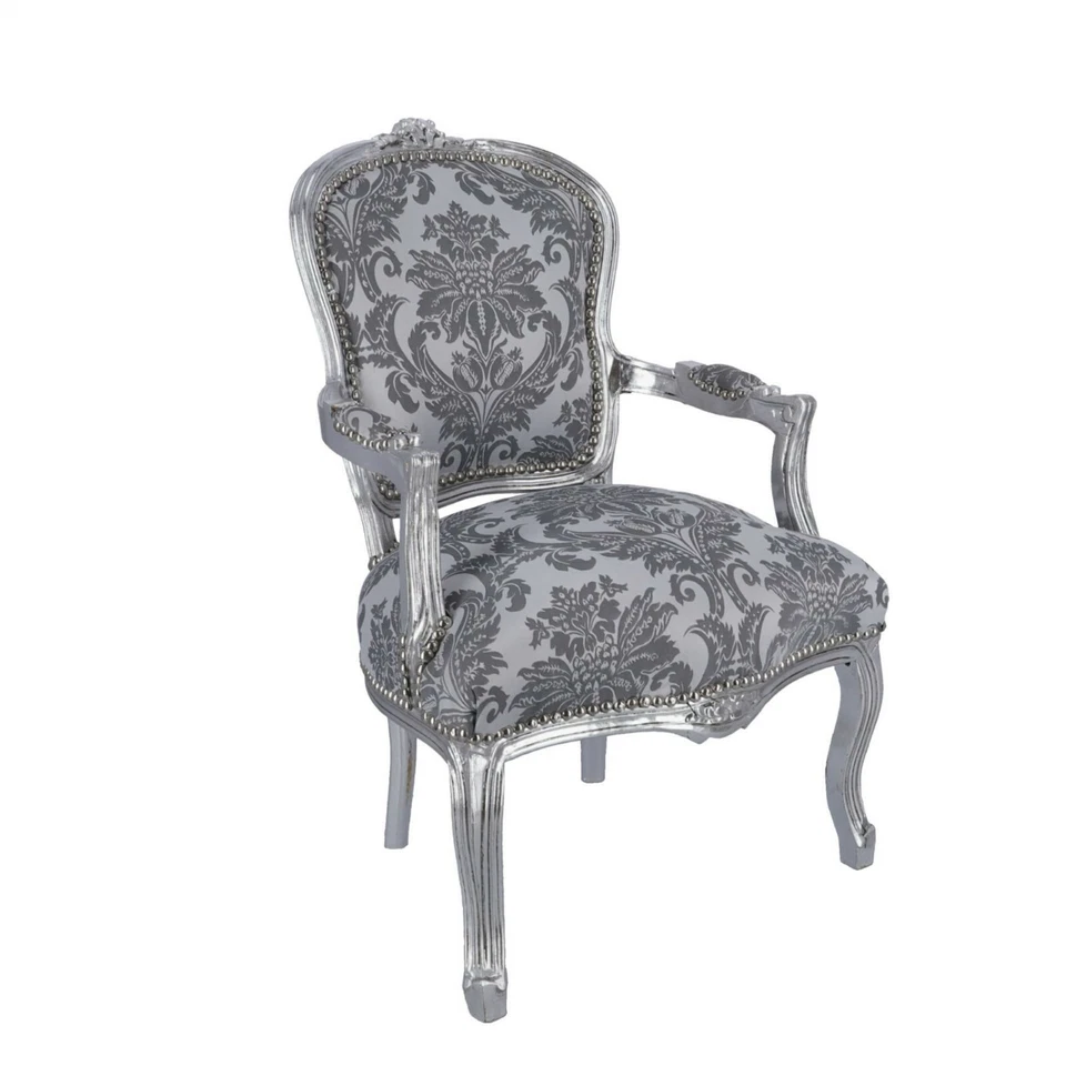 Poltrona Sedia in legno foglia argento con braccioli e tessuto damascato grigio - Immagine 2 di 3