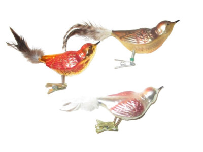 Three 3 Birds Germany Vintage Christmas Clip on Ornaments Glass Feather Tails