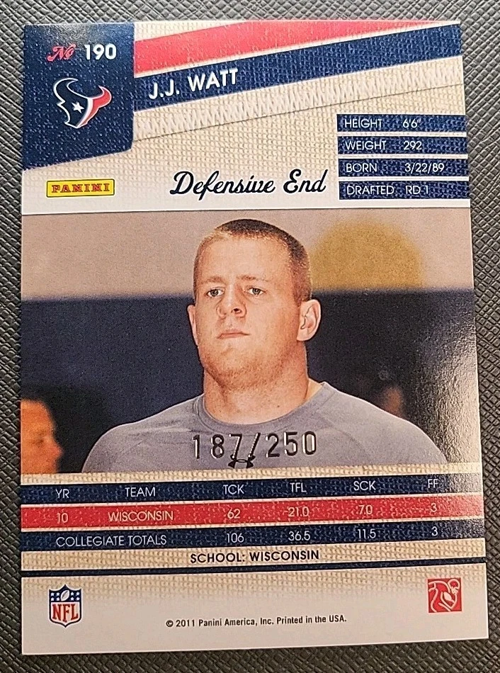 🏈 2011 Panini Threads #190 JJ J.J. WATT Rookie (RC) Silver Parallel #'d /250 SP - Image 3 of 3