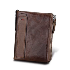 Men's Folding Double Zip Wallet RFID Blocks Retro Short Coin Purse