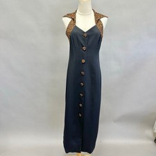 Jessica Howard 90s black button up sheath maxi dress Leopard print detail Size 8