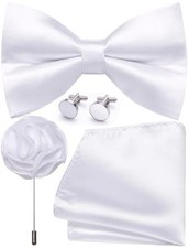 Bow Ties for Men Solid Color Pre-tied Silk Bowtie and Pocket Square White