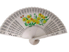Vintage Hand Painted hand Held Bamboo FAN 8" T x 13" Fanned Yellow flowers