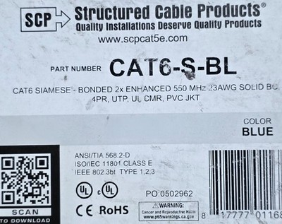 Structured Cable Products/SCP CAT6-S-BL 2x23/4P Dual Cat6 Network CMR Blue /50ft