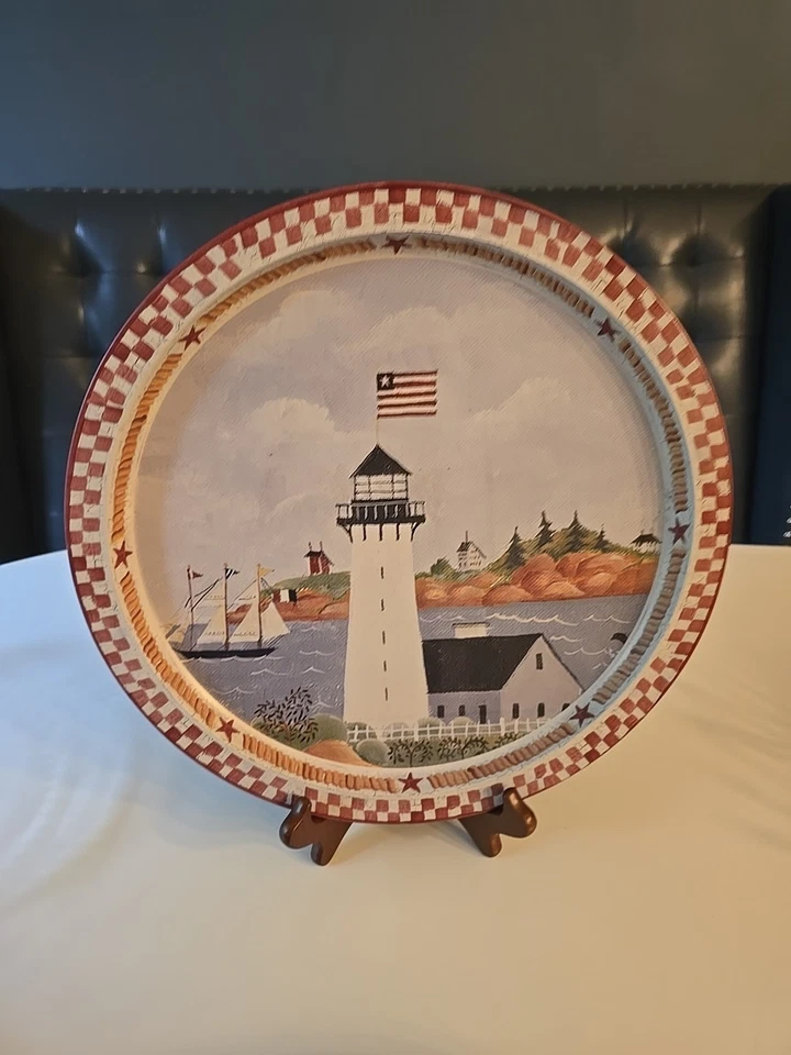 Lindy Bowman Co Patriotic Lighthouse Theme 13 Inch Metal Tray - Image 2 of 4