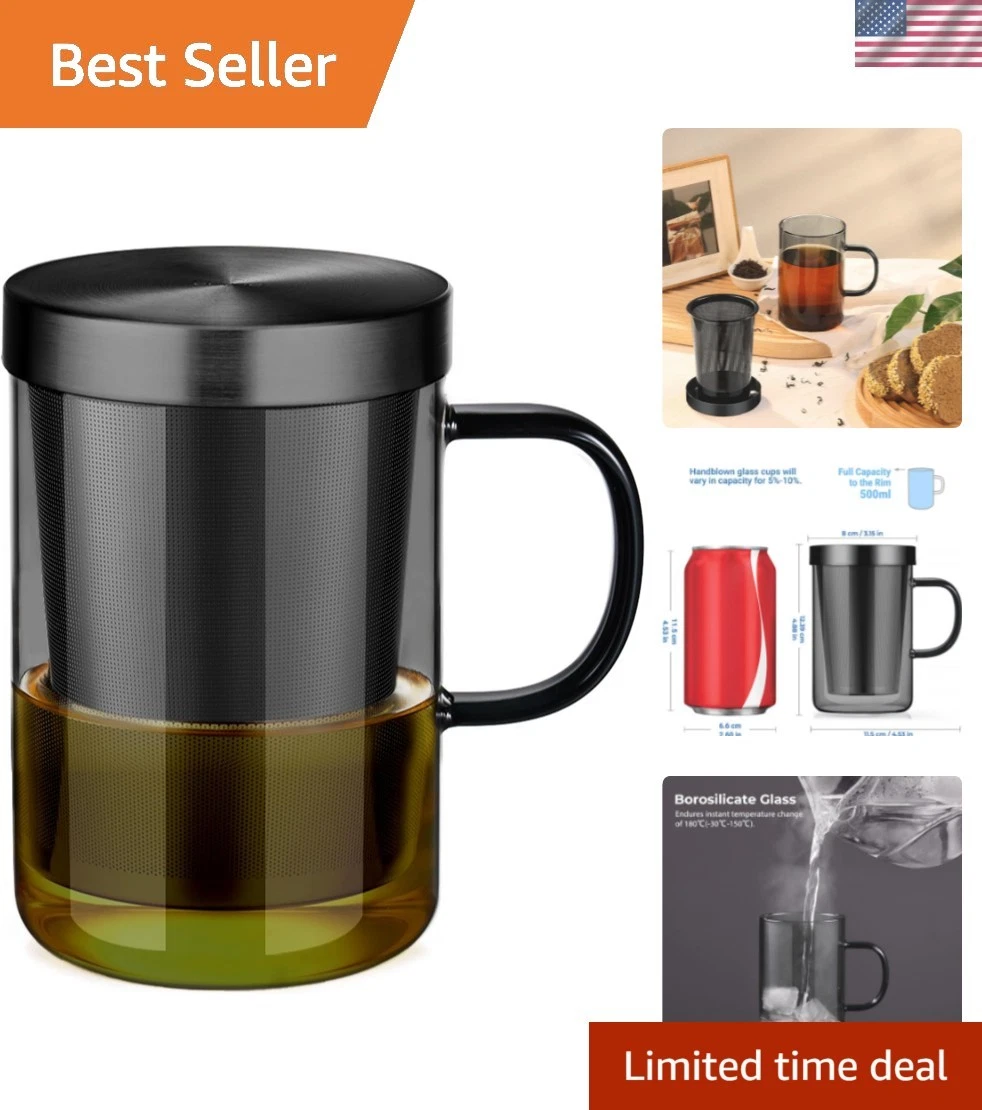 16.9oz Glass Tea Cup with Infuser and Lid Clear Glass Tea Cup with Removable ...