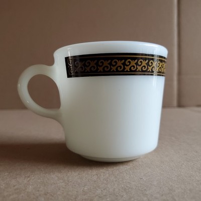 Vintage Pyrex Corning Tableware Ebony Fleur de Lis Black & Gold Border Cup