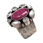 VINTAGE STERLING SILVER INDIAN RUBY/WHITE STONE SIZE 7 WIDE BAND RING 12GR #1915