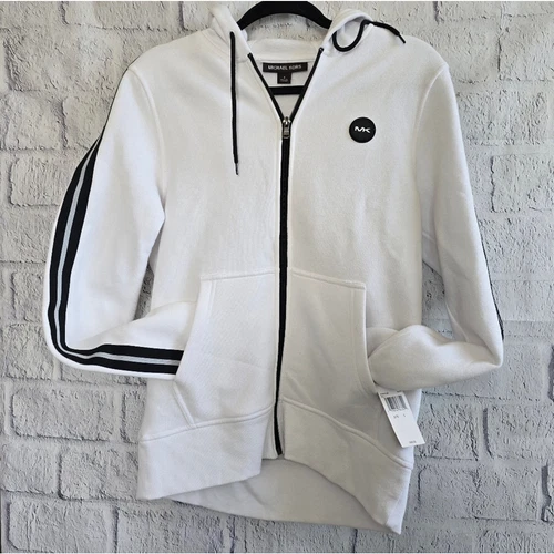 Felpa con cappuccio e zip Michael Kors bianca e nera in cotone nuova con etichetta small