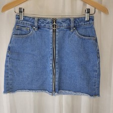 PacSun Y2K Full Zip Front Cotton Denim Raw Hem Mini Skirt, 24