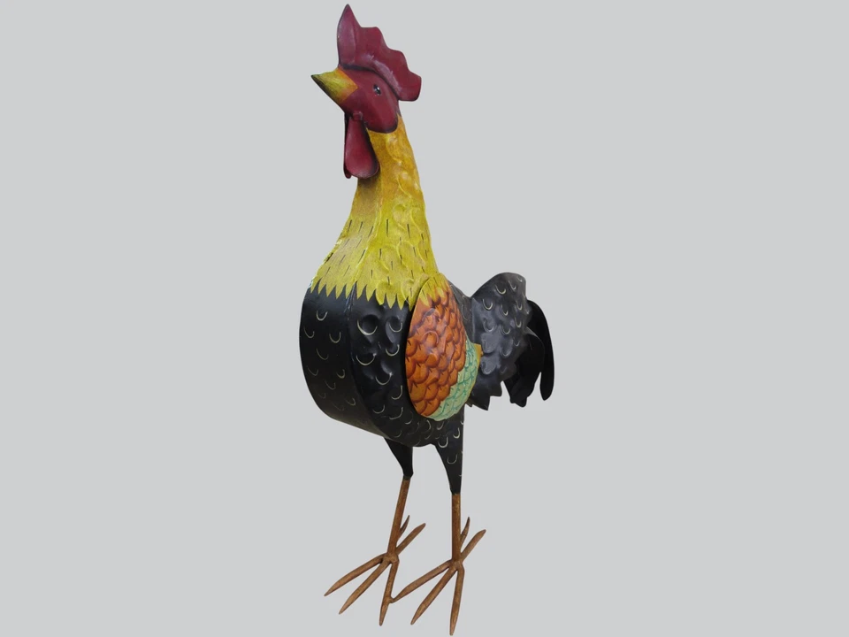 Country Rustic 23" Tall Black & Yellow Metal Rooster Chicken Yard Art Farm - Image 4 of 4
