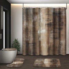 Brown Abstract Shower Curtain Set with Toilet Lid Cover and Non-Slip Rugs for Ba