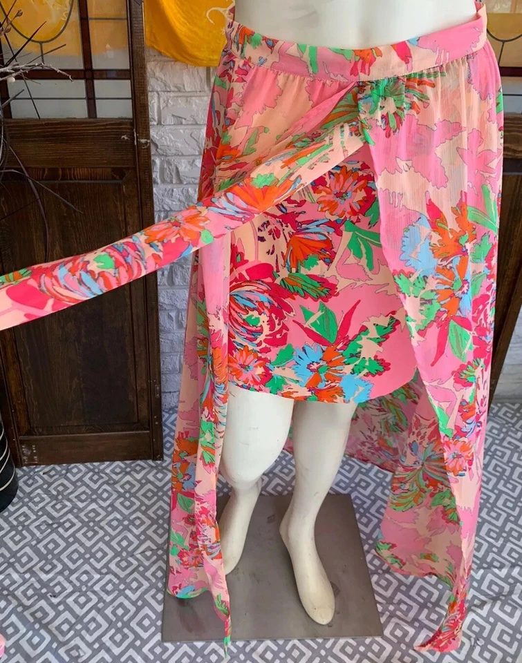 Falda Vintage Talla Mediana Rosa Salmón Floral Cintura Alta Capas Cremallera Ribete Foto 3 de 4