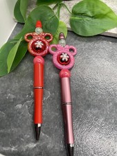 2 PC Handmade Beaded Black Ink Pen Set New Snowflake New A4938