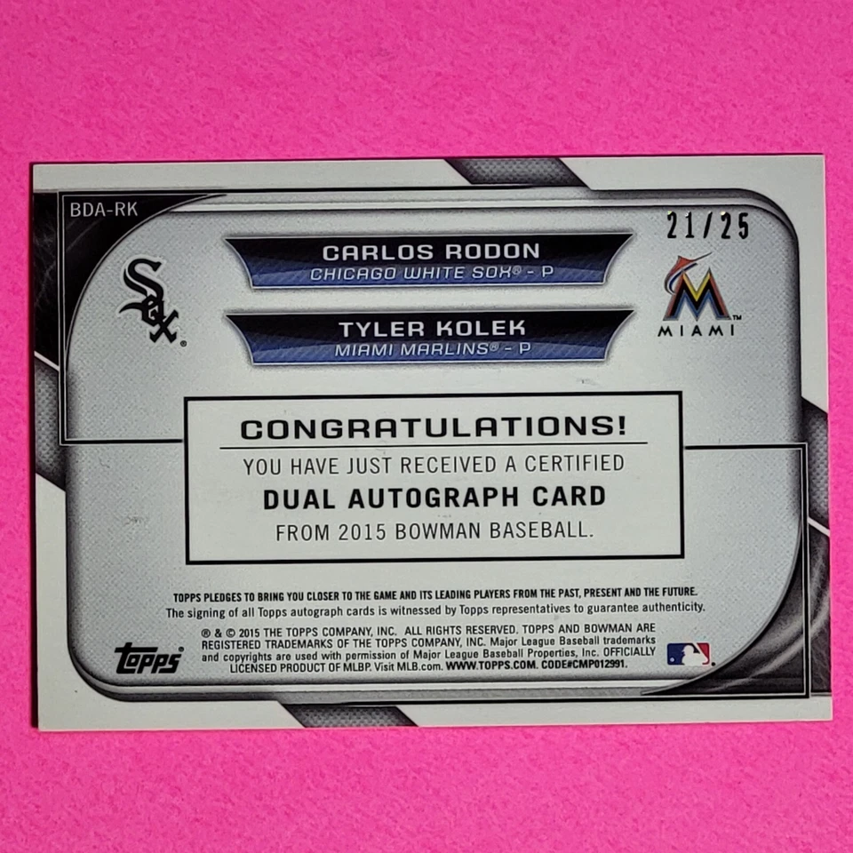 2015 Bowman Dual Auto Laranja SSP #d/25 Carlos Rodon Tyler Kolec autógrafo novato - Imagem 2 de 2