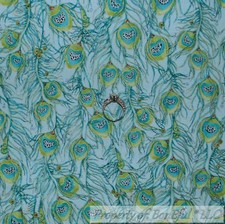 BonEful FABRIC FQ Cotton Quilt VTG Green Blue Gold Metallic Peacock Bird Feather