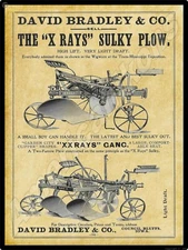 1899 David Bradley Farm Eqpt. New Metal Sign: X Rays Sulky Plow, Council Bluffs 
